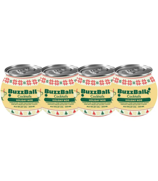 Four cans of Buzzballz Holiday Nog Pre-Mixed Cocktails 4-Pack are arranged in a row, showcasing festive red and green holiday-themed packaging on a light yellow background.