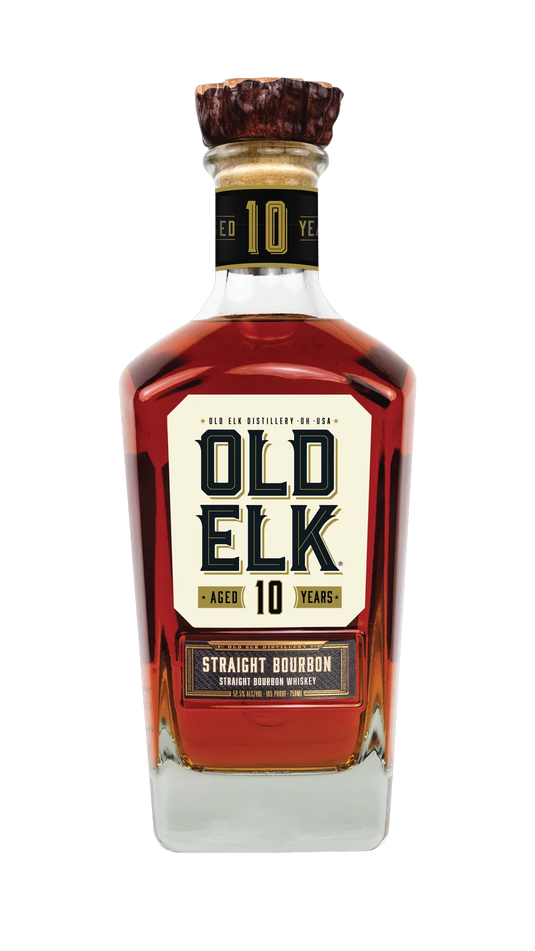 A bottle of Old Elk 10 Year Straight Bourbon Whiskey, an amber-hued bourbon from Old Elk Bourbon, aged 10 years and labeled with the brand name and aging details.