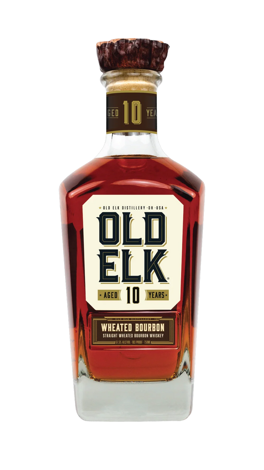 A bottle of Old Elk 10 Year Straight Wheated Bourbon Whiskey 750mL from Old Elk Bourbon, showcasing a distinctive square design and rich amber spirit, with a sophisticated label in gold, cream, and black—ideal for anyone seeking a premium aged bourbon experience.