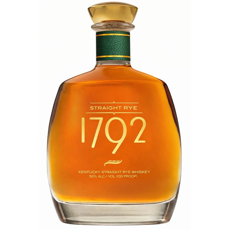 Load image into Gallery viewer, A bottle of 1792 Straight Rye Kentucky Straight Rye Whiskey 100 Proof from 1792 Bourbon, featuring a green label on the neck and a gold cap, contains amber whiskey at 50% alcohol by volume.
