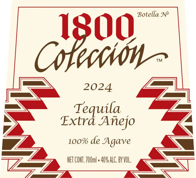 Load image into Gallery viewer, Label for 1800 Tequila 1800 Colección 2024 Extra Añejo Tequila Limited Edition, crafted in 2024 from 100% de Agave, with 40% alcohol (700ml). Decorative border featuring red and brown angular patterns enhances the luxury of this exclusive tequila.

