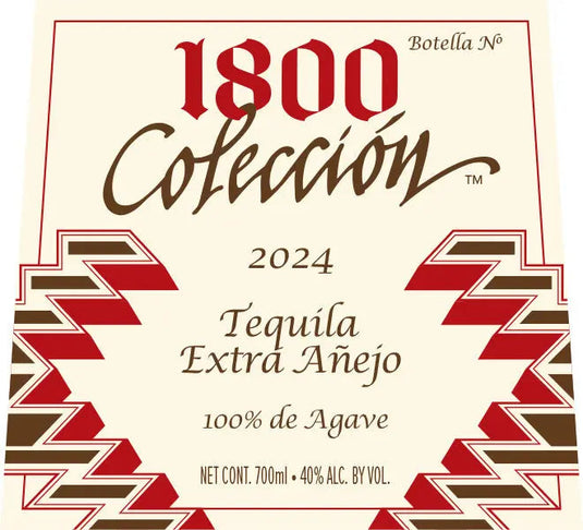 Label for 1800 Tequila 1800 Colección 2024 Extra Añejo Tequila Limited Edition, crafted in 2024 from 100% de Agave, with 40% alcohol (700ml). Decorative border featuring red and brown angular patterns enhances the luxury of this exclusive tequila.
