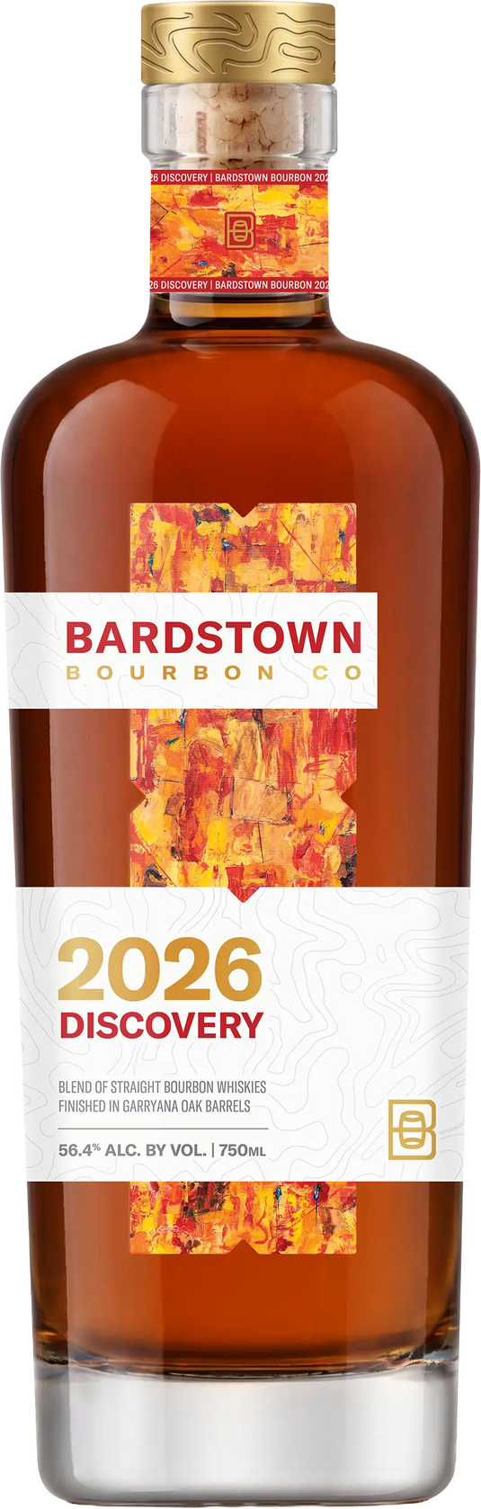 A 750ml bottle of Bardstown Bourbon Company 2026 Discovery Garryana Oak Finish, adorned with a vibrant abstract label highlighted by orange accents. Expertly crafted by Bardstown Bourbon Company, this limited release may showcase subtle nuances from Garryana oak barrels and is bottled at 56.4% ABV.