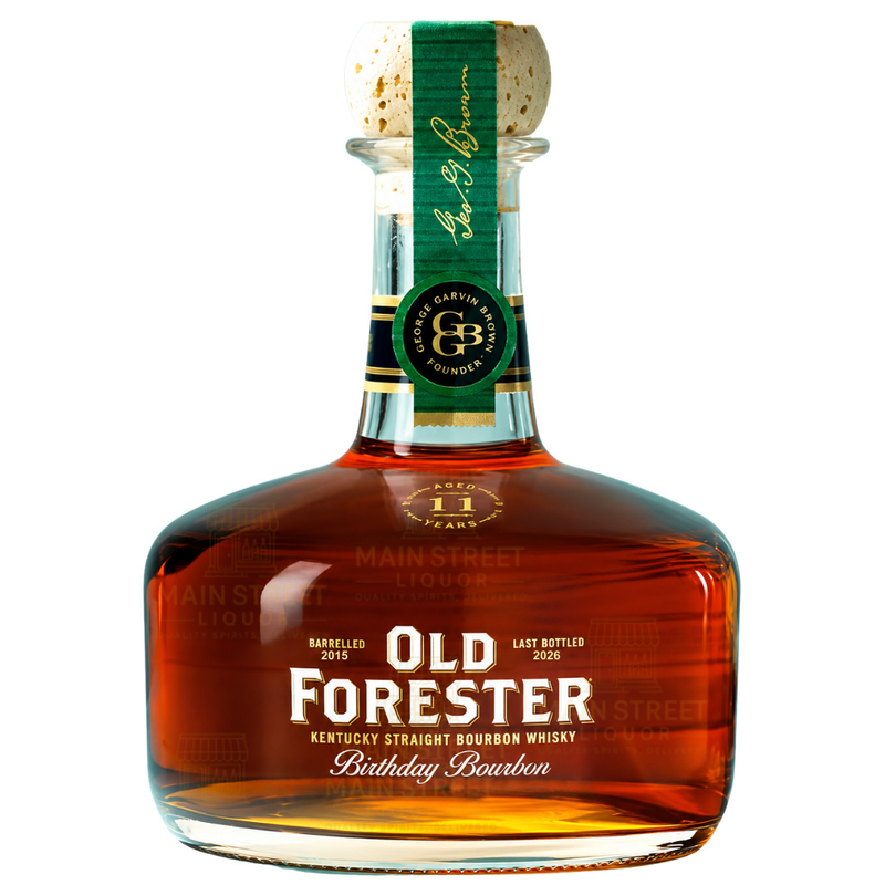 Load image into Gallery viewer, A 700mL bottle of Old Forester Birthday Bourbon 2026 Limited Edition Aged 11 Years, featuring a green label and cork top, filled with amber Kentucky Straight Bourbon Whiskey. This special release showcases details such as the barrelled and bottled years on its distinctive Old Forester label.
