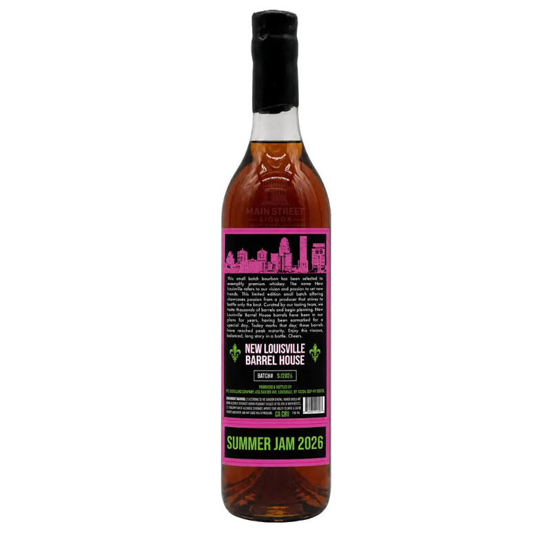 Load image into Gallery viewer, A bottle of Nulu New Louisville 8 Year “Summer Jam” 142.6 Proof Straight Bourbon Whiskey (Pre-Order), featuring a black label with a pink cityscape graphic and green accents, labeled with “Summer Jam 2026” at the bottom.
