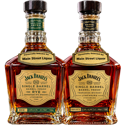 A Jack Daniel’s Single Barrel Main Street Liquor Barrel Proof Private Selection Bundle, featuring one Barrel Proof Rye and one Barrel Proof Tennessee Whiskey, each with a gold label reading “Personally Selected for Main Street Liquor.” Both Jack Daniel’s bottles are filled and placed side by side against a white background.