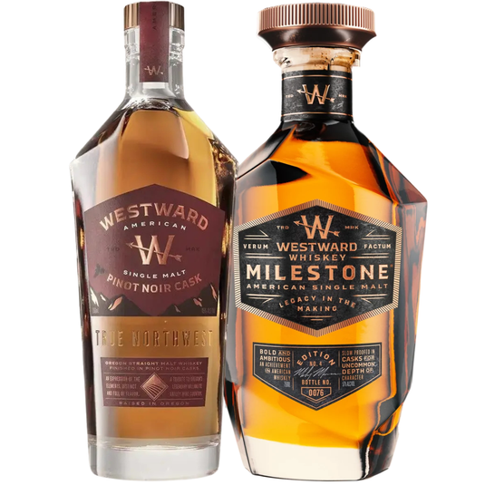 A pre-order bundle of Westward American Single Malt Whiskeys featuring two bottles: the Pinot Noir Cask American Single Malt presented in an angular bottle, and the Milestone Edition No. 4 in a hexagonal bottle—both distinguished by gold accents, dark labels, and crafted by Westward.