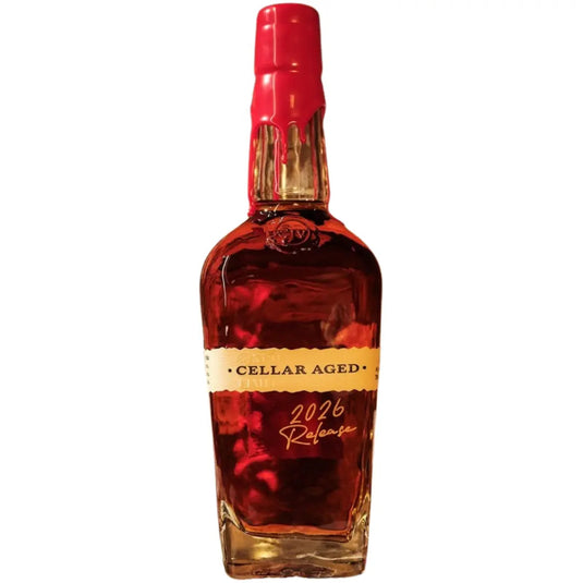 A 700mL bottle of Maker’s Mark Cellar Aged 2026 Straight Bourbon features the signature red wax seal and is adorned with elegant gold and red lettering on a cream-colored label. Housed in a clear glass bottle that displays its deep amber bourbon, this limited-edition release from Maker’s Mark is perfect for collectors and bourbon enthusiasts alike.