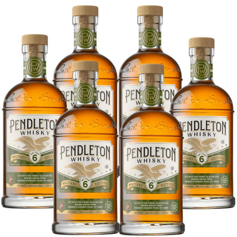 Load image into Gallery viewer, Six bottles of Pendleton Whisky Military Edition 2026 by Pendleton Whisky, each adorned with a tan cap and a green label highlighted by a gold badge indicating 6 years aged. This limited-edition Canadian whisky features a distinct military-themed design, with all six bottles displayed in two rows of three.
