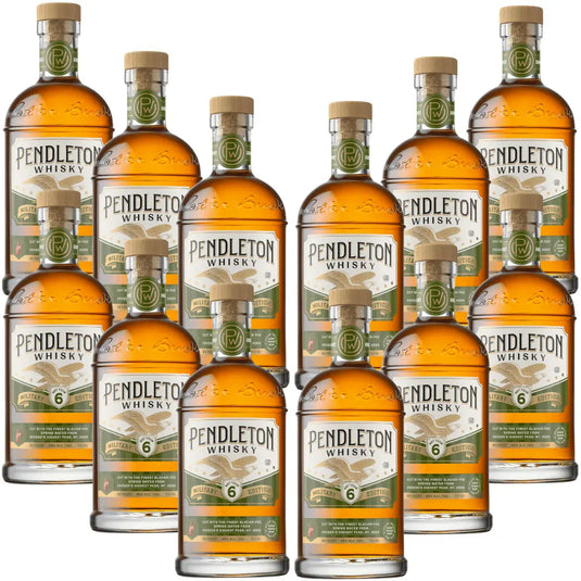 Ten bottles of Pendleton Whisky Military Edition 2026 by Pendleton Whisky, each featuring a tan cap and a label marked “6 years old.” This limited edition Canadian whisky showcases military-themed bottles arranged in two rows, with the front row set slightly lower than the back.