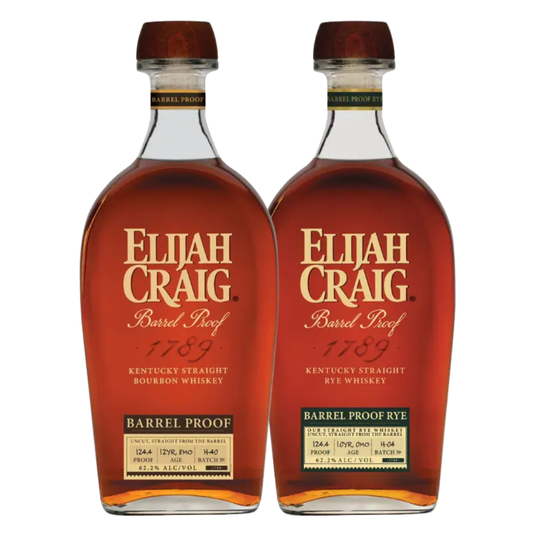 Two bottles from the Elijah Craig Batch H Barrel Proof Bourbon & Rye Bundle by Elijah Craig—a Kentucky Straight Bourbon Whiskey and a Barrel Proof Rye Whiskey—stand side by side on a white background.