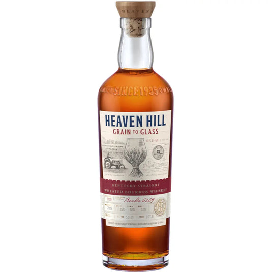 A bottle of Heaven Hill Grain to Glass 2026 Release Kentucky Straight Wheated Bourbon Whiskey from Heaven Hill Distillery, featuring a wooden cork and detailed label—an ideal choice for collectors seeking a Limited Edition Bourbon crafted with care.
