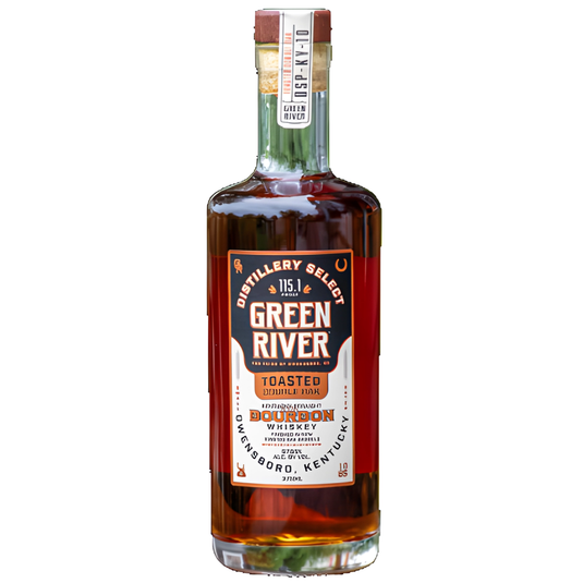 A 375mL bottle of Green River Toasted Double Oak Bourbon 115.1 Proof by Green River, featuring a brown label with orange and white text, and finished with a cork top sealed in brown and white paper.
