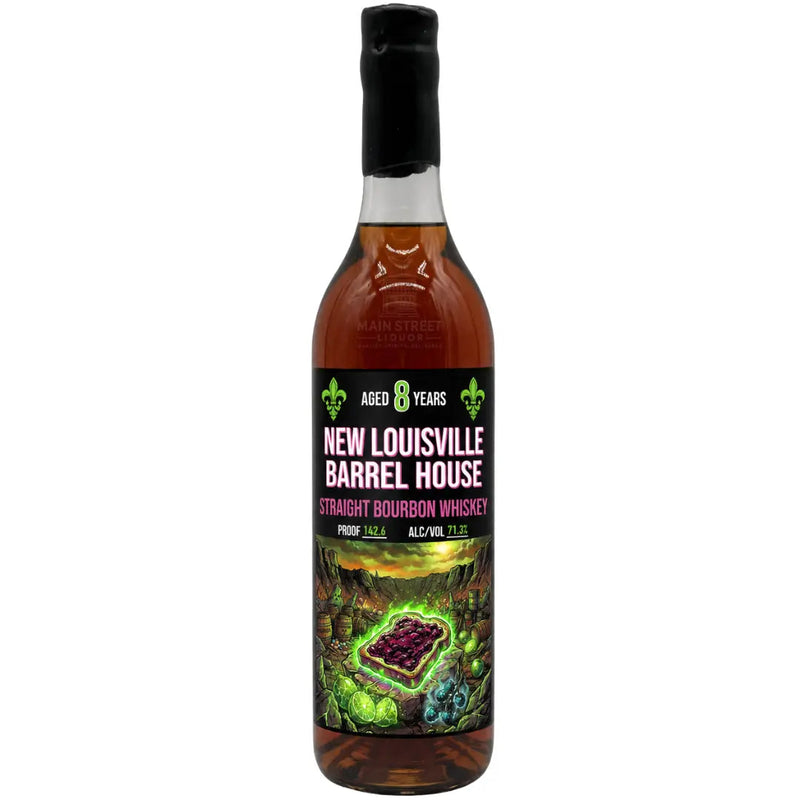 Load image into Gallery viewer, A bottle of Nulu New Louisville 8 Year “Summer Jam” 142.6 Proof Straight Bourbon Whiskey (Pre-Order), a bold Kentucky bourbon aged to perfection, features a colorful, fantasy-style label depicting a barrel amidst lush green scenery. This high-proof bourbon boasts an impressive 142.6 proof and 71.3% alcohol by volume.
