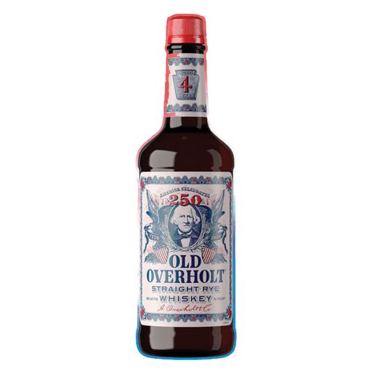 A bottle of Old Overholt 4 Year Straight Rye Whiskey America 250th Edition, featuring a red cap and a label with a portrait, blue and red text, and 