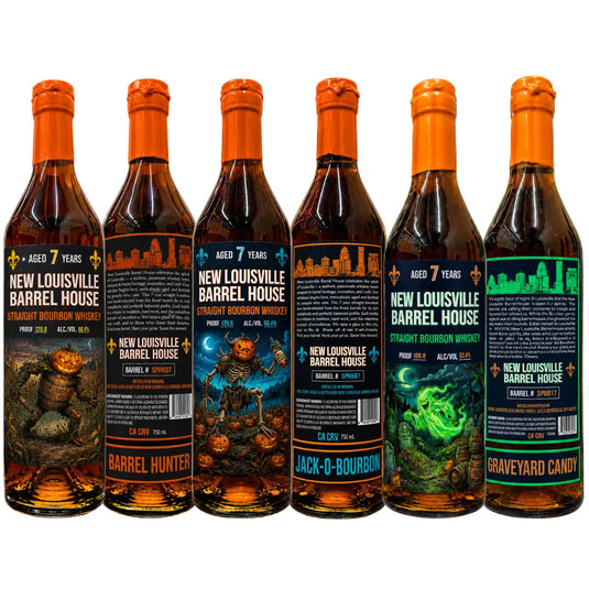 The Nulu New Louisville Halloween Edition 7 Year Bourbon Bundle 3 Pack features three collectible bottles adorned with vibrant Halloween-themed labels showcasing monsters, pumpkins, and graveyards. Arranged in a row on a white background, this limited-edition bundle is perfect for enthusiasts seeking both festive flair and distinctive bourbon spirits.