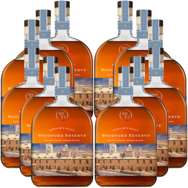 Load image into Gallery viewer, Eight bottles of Woodford Reserve Bourbon Holiday Edition 2026 750ml are arranged in two rows, each with blue caps and labels featuring a distillery illustration.
