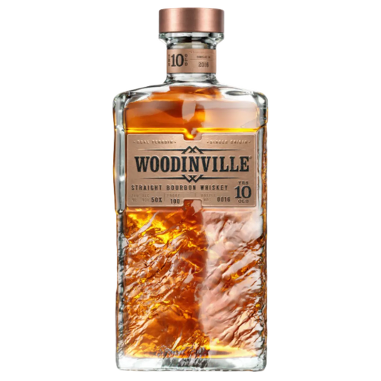 A rectangular bottle of Woodinville Straight Bourbon Whiskey Aged 10 Years 100 Proof with a copper cap, featuring a textured, rippled glass base.