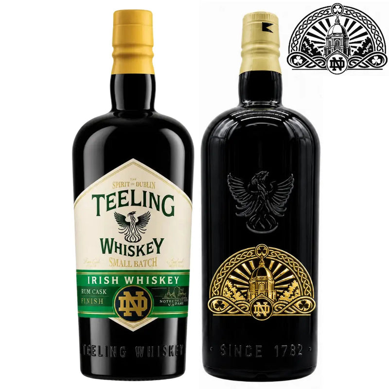 Load image into Gallery viewer, Two bottles of Teeling Small Batch x Notre Dame 2026 Golden Dome Custom Deep Etched Irish Whiskey 750mL by Teeling Whiskey are displayed. The bottle on the left features a white and green label, while the bottle on the right showcases a black custom etched design with gold embossed details. A coordinating black-and-white Notre Dame whiskey logo is positioned in the upper right corner.
