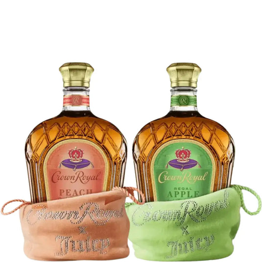 The Crown Royal x Juicy Couture Limited Edition Juicy Fruit Bundle: Peach and Regal Apple features two bottles of Crown Royal whisky—one Peach and one Regal Apple—each presented in a jeweled fabric pouch: an orange pouch for the Peach and a green pouch for the Regal Apple, both marked “Juicy” to celebrate the collaboration with Juicy Couture.