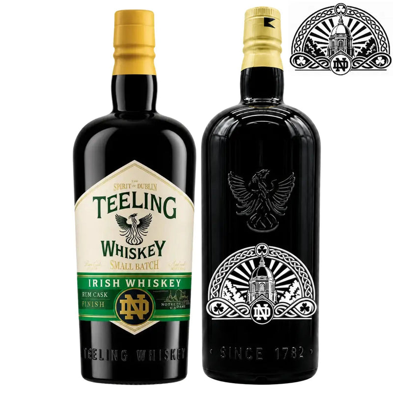 Load image into Gallery viewer, Two bottles of Teeling Whiskey’s “Teeling Small Batch x Notre Dame 2026 Golden Dome Custom Deep Etched Irish Whiskey” (750mL) are shown, one featuring the front label with a special Notre Dame design and the other highlighting the back with custom deep etched details. A close-up of the back emblem is displayed in the top right corner.
