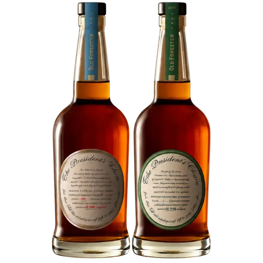 An Old Forester President’s Choice Bourye Bundle 2026 – Kentucky Straight Bourbon & Rye Whiskey 700mL, showing a bourbon bottle with a blue neck label and tan front label beside a rye whiskey bottle with a green neck and green-bordered label.