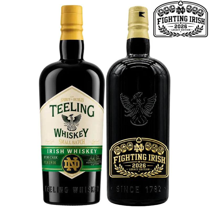 Load image into Gallery viewer, Two commemorative bottles of Teeling Whiskey: one features the Teeling Small Batch x Notre Dame 2026 Championship Legacy Edition design with green and gold accents, while the other displays a sleek black label with gold Fighting Irish 2026 branding. A coordinating Fighting Irish 2026 emblem appears in the top right corner, highlighting this special championship legacy edition of custom deep-etched Irish whiskey from Teeling.
