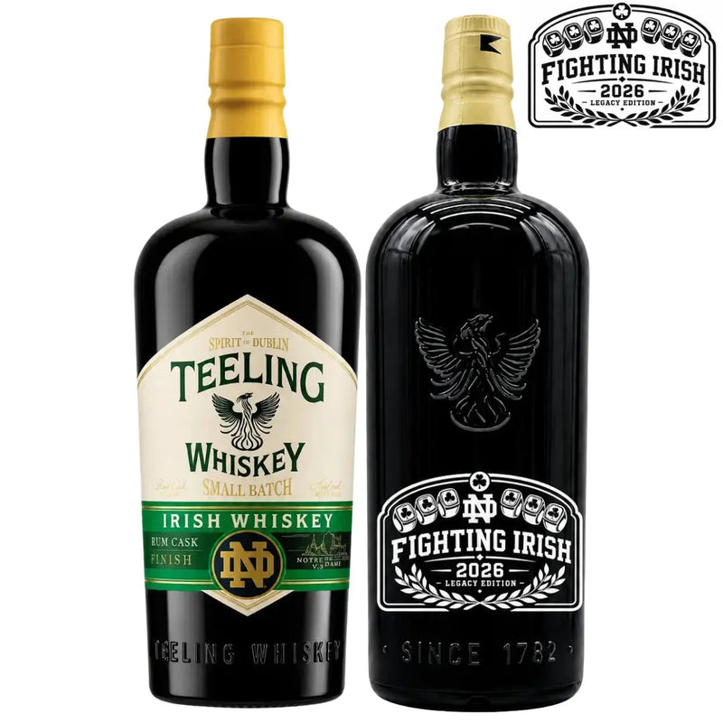 Load image into Gallery viewer, Two dark liquor bottles are displayed: one bearing the Teeling Whiskey label with a gold cap, and the other showcasing the Teeling Small Batch x Notre Dame 2026 Championship Legacy Edition Custom Deep Etched Irish Whiskey in striking black and white. Above them, the iconic Fighting Irish logo highlights this special championship legacy collaboration—an exceptional commemorative Irish whiskey from Teeling Whiskey, meticulously crafted to honor both tradition and triumph.
