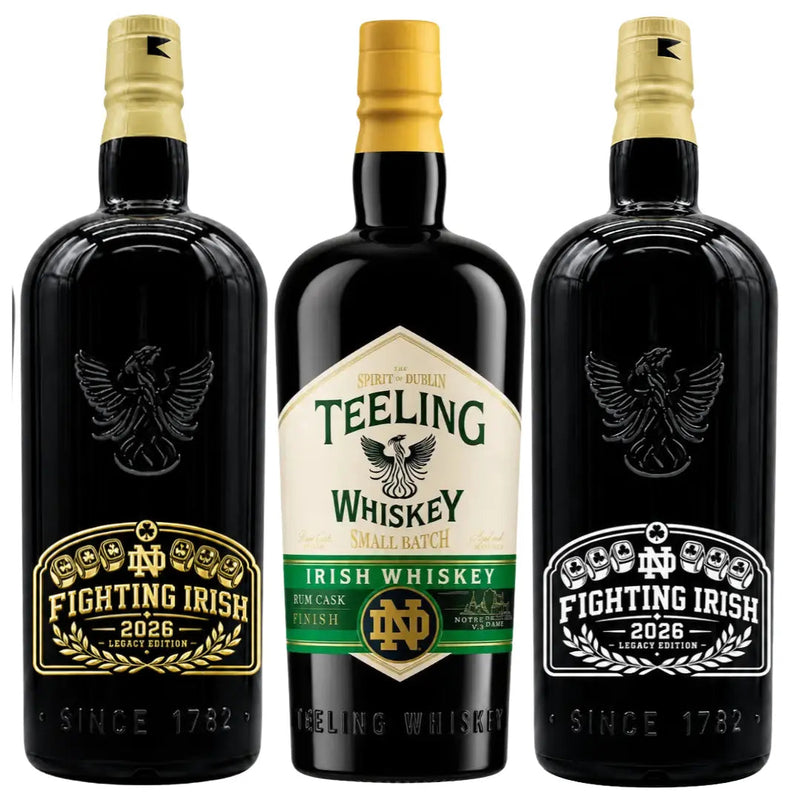 Load image into Gallery viewer, Here is your rewritten sentence using the provided product data: The Teeling x Notre Dame 2026 Custom Deep Etched Irish Whiskey Heritage Bundle by Teeling Whiskey features three bottles: two deep etched black bottles with gold caps flanking a center Teeling Irish Whiskey bottle with a white label and gold cap, each adorned with classic Notre Dame Heritage branding.

