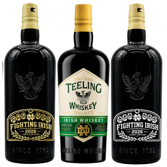 Here is your rewritten sentence using the provided product data: The Teeling x Notre Dame 2026 Custom Deep Etched Irish Whiskey Heritage Bundle by Teeling Whiskey features three bottles: two deep etched black bottles with gold caps flanking a center Teeling Irish Whiskey bottle with a white label and gold cap, each adorned with classic Notre Dame Heritage branding.