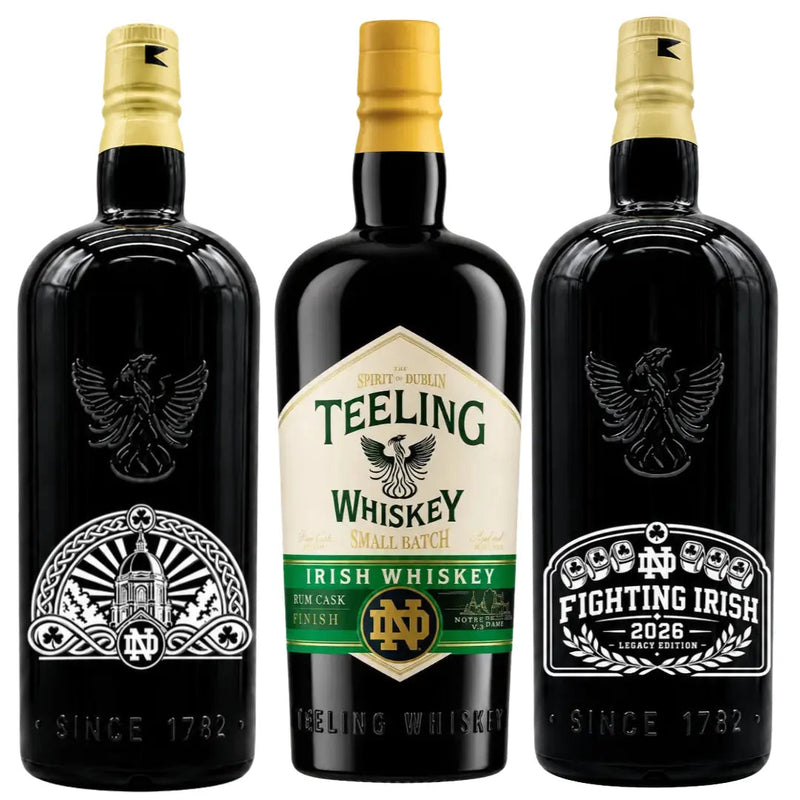 Load image into Gallery viewer, Showcased in the Teeling x Notre Dame 2026 Custom Deep Etched Irish Whiskey Heritage Bundle by Teeling Whiskey, three dark bottles are presented: the center features a beige and green label, the left displays a Notre Dame crest, and the right showcases a Fighting Irish 2026 logo. Gold caps and eagle emblems complete this collector’s set—a true tribute to Notre Dame Irish whiskey tradition.
