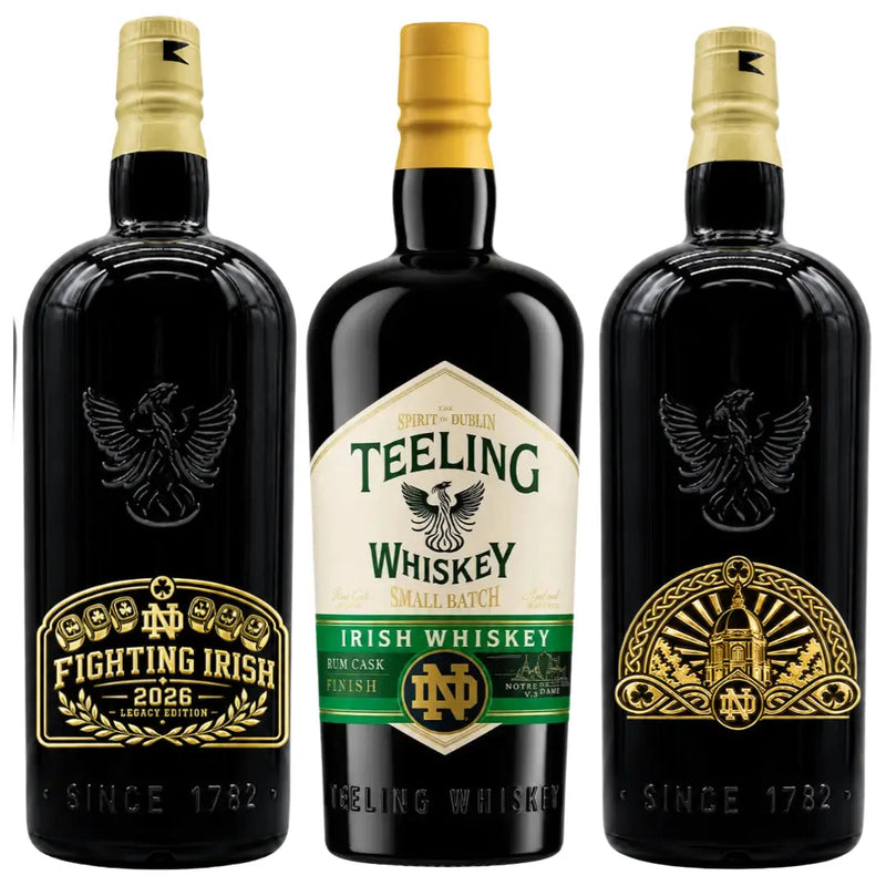 Load image into Gallery viewer, The Teeling x Notre Dame 2026 Custom Deep Etched Irish Whiskey Heritage Bundle by Teeling Whiskey features three black bottles adorned with gold and green Notre Dame-themed labels. Showcasing the Fighting Irish, a cathedral design, and the Teeling logo, this collector’s set highlights Notre Dame Irish whiskey heritage—with each bottle displaying “SINCE 1782” at the bottom.
