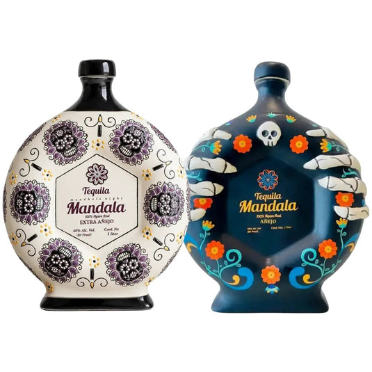 Mandala Día de los Muertos 2022 & 2026 Limited Edition Tequila Bundle featuring a white bottle with purple skull floral patterns and a blue bottle with a skeletal hand, orange flowers, and a skull icon.