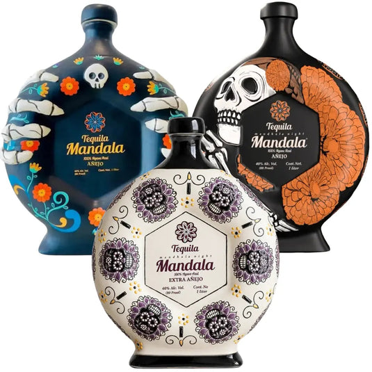 Three round, collectible Mandala Día de los Muertos 2022, 2025 & 2026 Limited Edition Tequila Bundle 3 bottles featuring skeleton and floral illustrations.