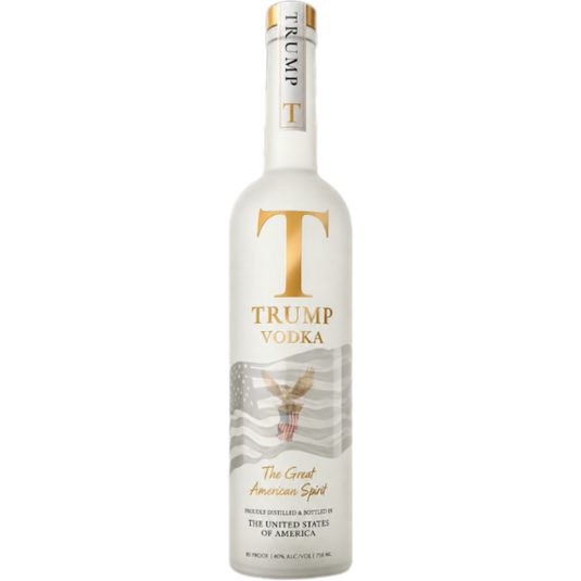 A white bottle of Trump Vodka 250th Anniversary Edition by Trump, featuring gold text, a large gold T, an eagle and US flag design. Labeled “The Great American Spirit” and produced in the USA.