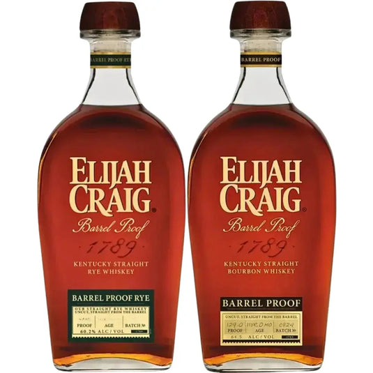 The Elijah Craig Barrel Proof Rye B526 & Barrel Proof Bourbon C924 Bundle features two clear, uniquely shaped glass bottles with amber liquid and gold, white, and red text—one rye and one bourbon—from Elijah Craig.