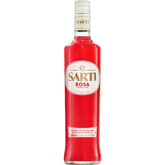 A 700mL bottle of Sarti Rosa Aperitivo Liqueur by Sarti, an Italian aperitivo liqueur with a vibrant red color, gold and white label featuring Italian text, and a white cap.