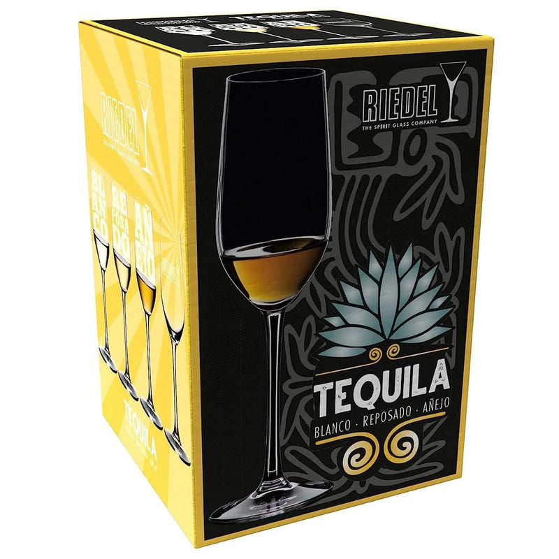 Load image into Gallery viewer, A yellow and black Riedel box featuring a premium tequila glass, agave illustration, and the words "TEQUILA Blanco • Reposado • Añejo" on the front—perfect for showcasing your collection of Riedel Tequila Set of 4 Sniffer Glasses.
