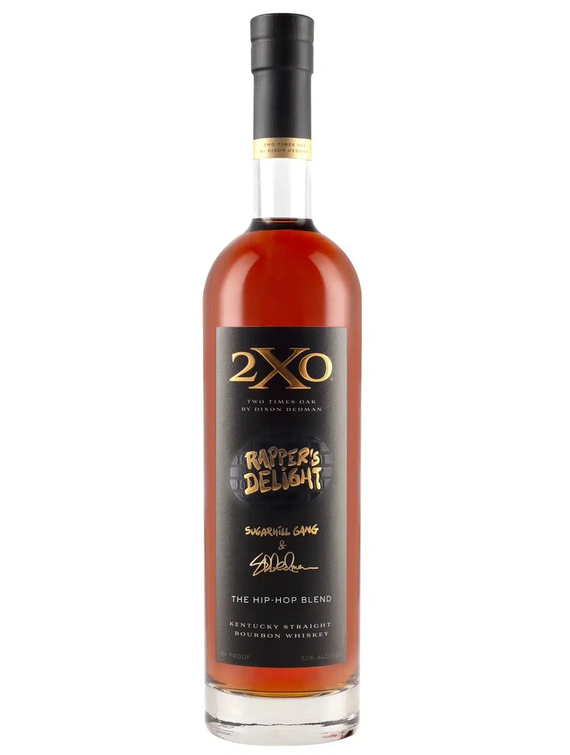 Load image into Gallery viewer, A 750ml bottle of 2XO The Hip-Hop Blend Kentucky Straight Bourbon Whiskey by 2XO Whiskey, featuring a black label with gold and white lettering and a black cap. This limited release celebrates the unique double-barreling process of 2XO, with the label highlighting Sugarhill Gang and The Hip-Hop Blend.
