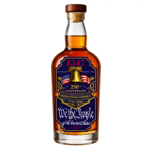 Load image into Gallery viewer, A bottle of 4547 250th Anniversary Straight Bourbon Whiskey by 4547 WHISKEY, featuring patriotic designs with the Liberty Bell, American flags, “1776-2026,” and “We the People of the United States.”.

