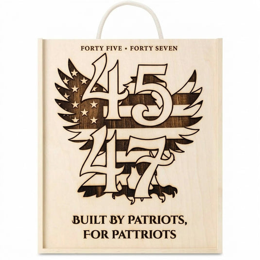 4547 engraved wooden Patriot Box with three bottles