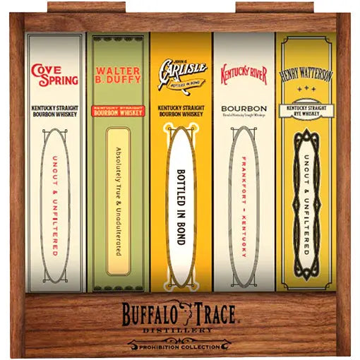 Load image into Gallery viewer, Five bottles of Buffalo Trace Prohibition Collection #3 2026 Release (5x375mL) whiskey with vintage-style labels arranged in a wooden display crate.
