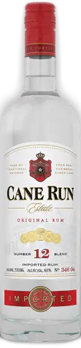 A clear glass bottle of Cane Run Estate White Rum (750mL) by Cane Run, featuring a red and gold label marked 