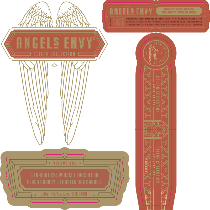 Load image into Gallery viewer, Labels for Angel's Envy Cellar Collection Volume 6 Straight Rye Whiskey feature gold and red winged designs, product details, and 53% ABV. This limited edition rye is finished in peach brandy and toasted oak barrels. 750ml bottle.
