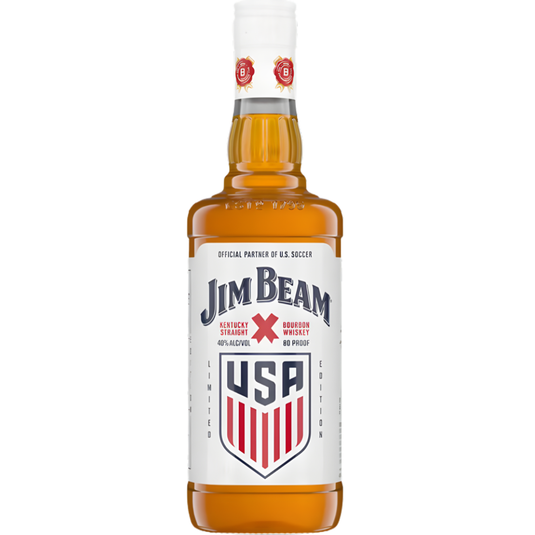 A bottle of Jim Beam U.S. Soccer Federation Edition Kentucky Straight Bourbon featuring a special USA Soccer label with red, white, and blue accents and a unique soccer shield design.