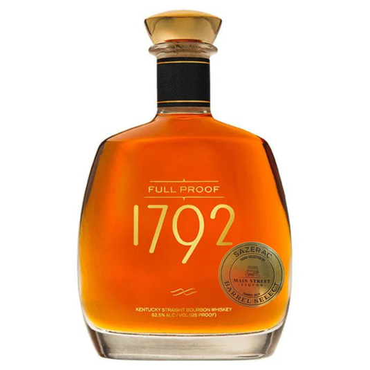 A bottle of 1792 Full Proof Bourbon Private Barrel Select Main Street Liquor, featuring rich amber liquid, a gold medallion, and gold 1792 branding that highlights its Kentucky Straight Bourbon Whiskey heritage.