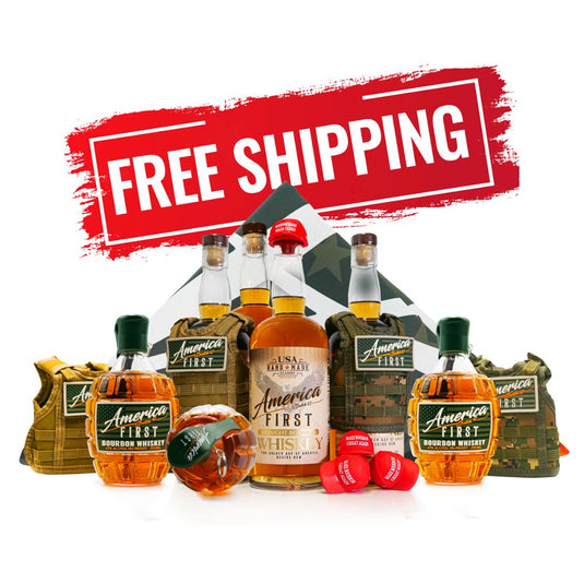 The America First Straight Bourbon Whiskey 7 Pack, featuring bottles with camouflage vests, shot glasses, and accessories from the America First brand, is displayed before a FREE SHIPPING banner on a red background.