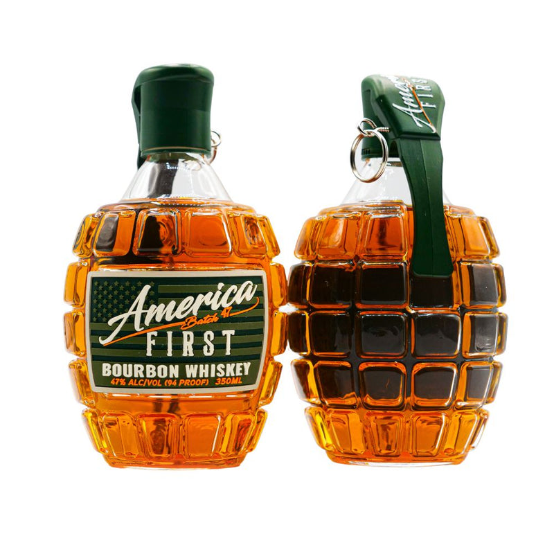 Load image into Gallery viewer, America First Grenade Straight Bourbon Whiskey 2 Pack—two collectible bottles shaped like hand grenades, each filled with smooth amber bourbon—makes a unique patriotic gift.
