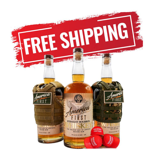 America First Straight Bourbon Whiskey Collectors Edition 3-Pack, each bottle in a tactical vest holder, is showcased with two red caps and a bold red FREE SHIPPING sign—an impressive collectible set from America First.