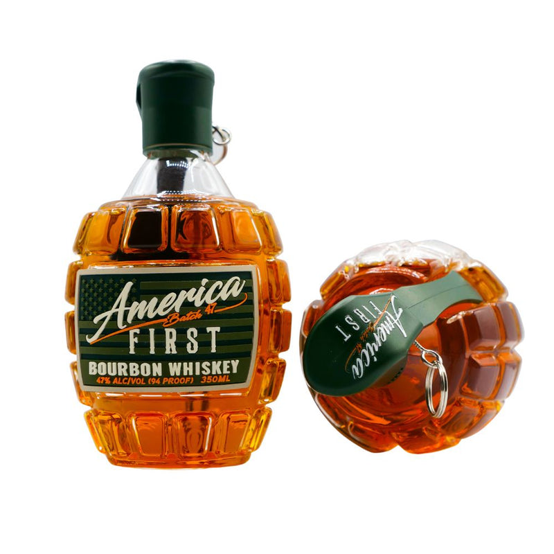 Load image into Gallery viewer, The America First Grenade Straight Bourbon Whiskey 2 Pack features two collectible 350ml bottles (47% ABV) shaped like hand grenades—one upright and one on its side—making a unique patriotic gift.
